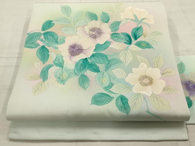 平和屋着物▼塩瀬　九寸名古屋帯　手描き　草花文　金彩　正絹　逸品　AABC6316wj