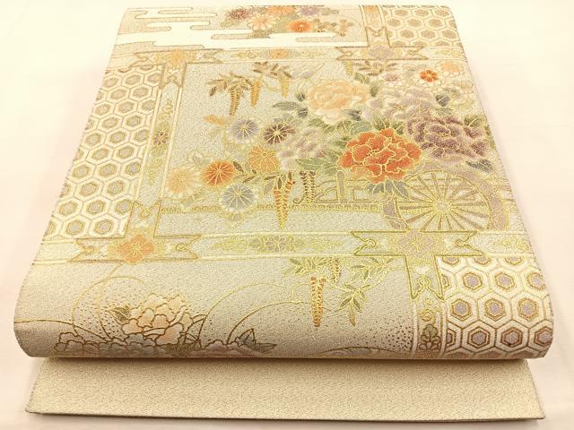 平和屋着物◎太鼓柄袋帯　綴れ　格天井花車文　金彩　正絹　逸品　BAAS6392hj