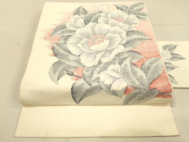 平和屋着物◎八寸名古屋帯　紬地　牡丹文　正絹　逸品　未使用　DAAX6332jm