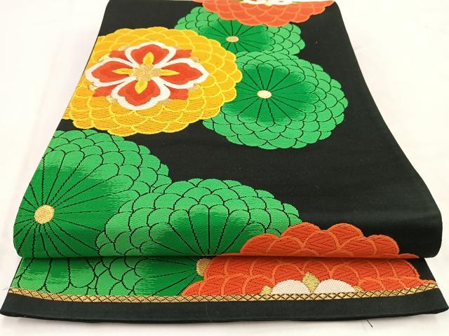 平和屋着物◎六通柄袋帯　唐織　菊花文　黒地　金糸　正絹　逸品　BAAV7773yc