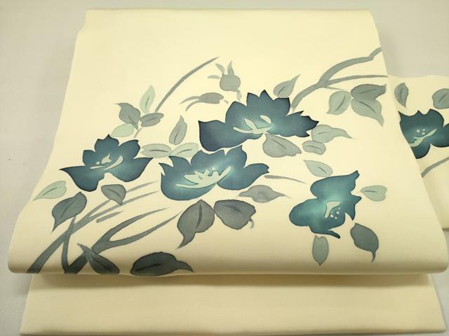 名古屋帯　塩瀬　藍濃淡　白　鉄線　手描き 中古）名古屋帯 濃青 紺 カジュアル 名古屋仕立て 塩瀬 染め 家屋 山
