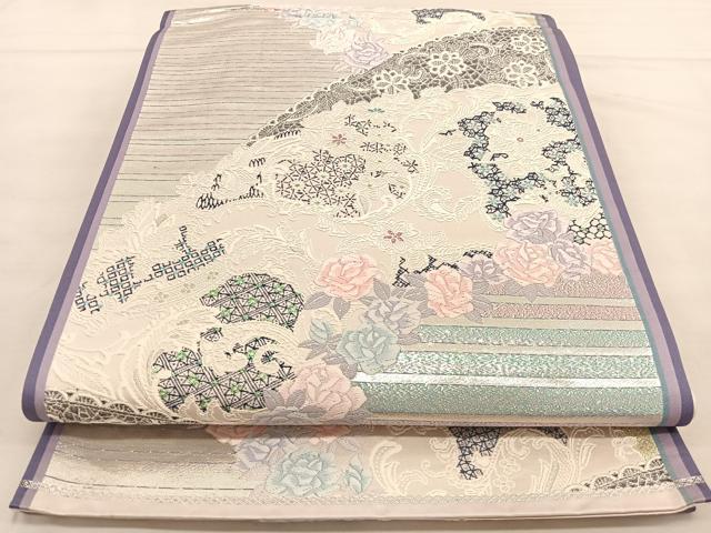 平和屋着物◎六通柄袋帯　唐織　レース幻想　銀糸　正絹　逸品　BAAT6307hv