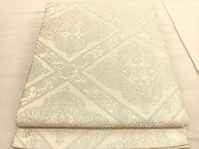 平和屋着物◎六通柄袋帯　唐織　菱天井花唐草文　銀糸　正絹　逸品　BAAV3752hv