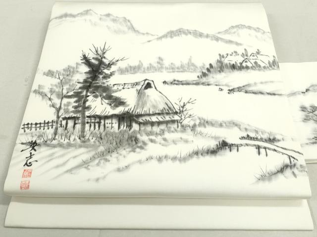 平和屋着物◎塩瀬　九寸名古屋帯　作家物　手描き　風景文　正絹　逸品　DAAT2349qa