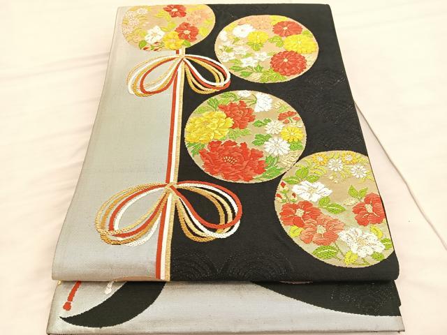 平和屋着物◎六通柄袋帯　唐織　花丸文　黒地　金銀糸　正絹　逸品　BAAV3779hv