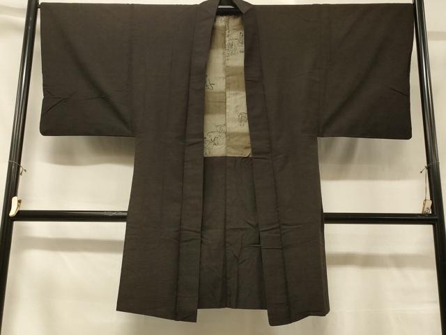 平和屋着物＃男性　長羽織　紬地　黒地　正絹　逸品　CABD1576in