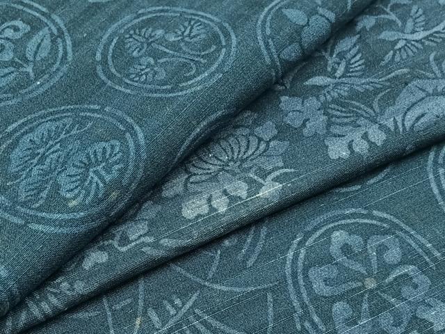 平和屋着物▽上質な紬　単衣　型染め　吉祥花丸文　正絹　逸品　AABB3574jh