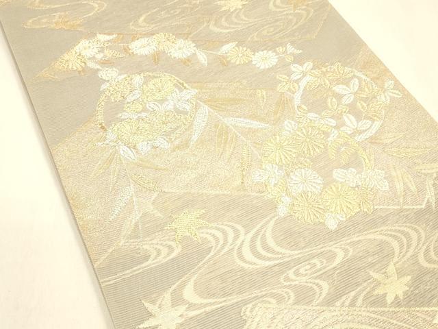 平和屋着物＊夏物　六通柄袋帯　流水片輪車草花文　金銀糸　三越扱い　正絹　逸品　DABA0696cm 2
