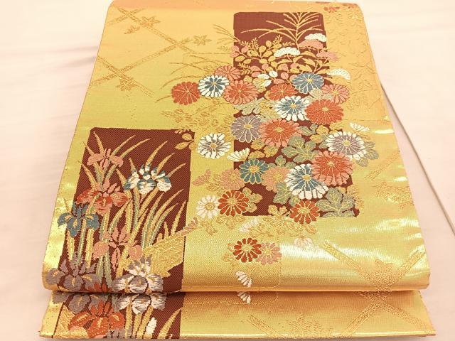 平和屋着物◎六通柄袋帯　唐織　華書院　短冊花文　金糸　正絹　逸品　未使用　BAAV3820hv