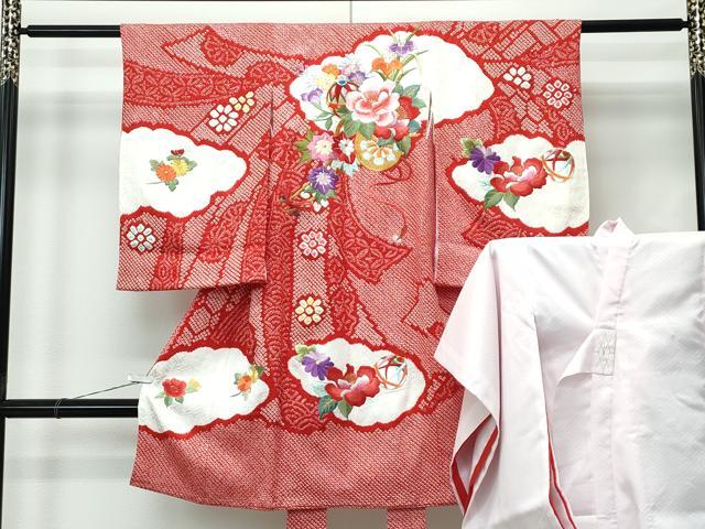 平和屋着物[]極上　女の子　祝着　産着　初着　のしめ　長襦袢セット　お宮詣り　総絞り　総刺繍　花毬..