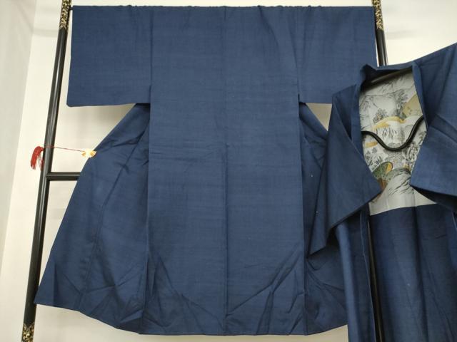平和屋着物●男性 紬 アンサンブル 色無地 青褐色 正絹 逸品 AAAR4166ck
