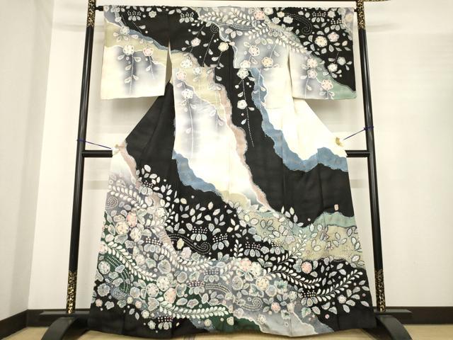 平和屋着物●越後十日町の一流染匠　桐屋・翠山工房　訪問着　辻が花　舞花文　銀通し地　正絹　逸品　AABE7754ck