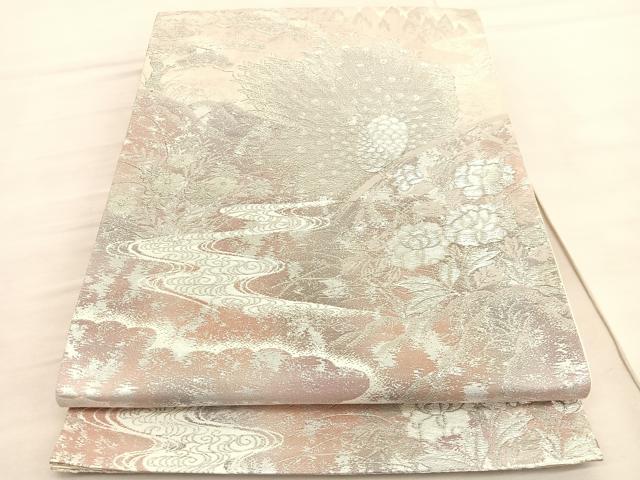 平和屋着物◎六通柄袋帯　彩京錦　孔雀花文　プラチナ箔二重引　正絹　逸品　BAAV3848hv