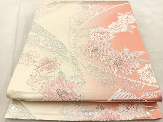 平和屋着物◎六通柄袋帯 唐織 舞花文 銀糸 正絹 逸品 BAAV4379yc