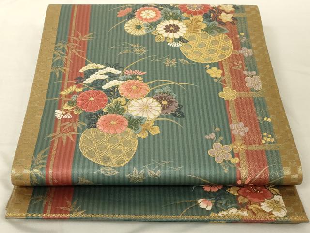 平和屋着物◎六通柄袋帯 唐織 花籠文 金糸 正絹 逸品 AAAP1168tm