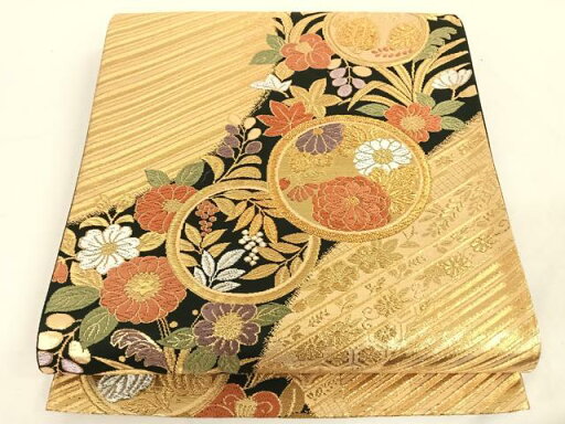 平和屋着物◎六通柄袋帯 唐織 花丸文 黒地 金銀糸 正絹 逸品 AAAR9706wt 平和屋着物◎六通柄袋帯 唐織 花丸文 黒地 金銀糸 正絹 逸品 AAAR9706wt