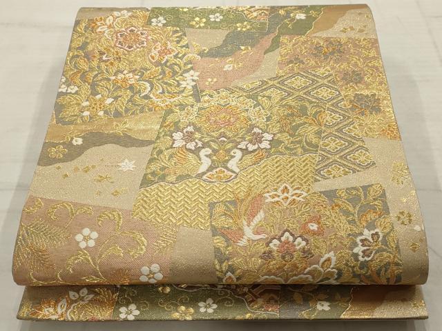 平和屋着物▼六通柄袋帯　正倉院色紙文　金糸　正絹　逸品　AABC6324wj