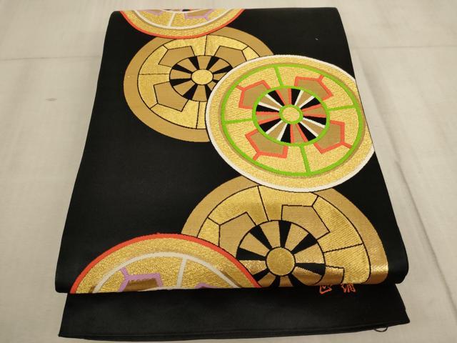 平和屋着物∵子供 全通柄袋帯 源氏車文 黒地 金糸 逸品 未使用 AABE2176ja