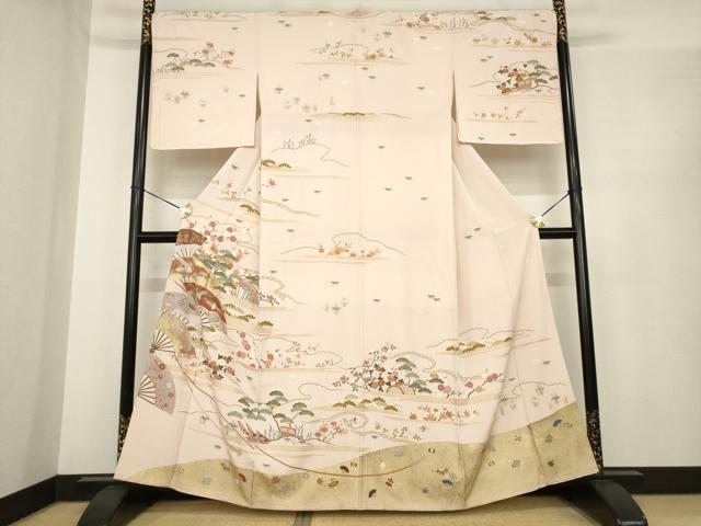 Full-Length Under-Kimono - 平和屋着物●訪問着　駒刺繍　渡り橋風景花文　金彩　正絹　逸品　AABE7763ck