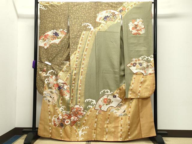 平和屋着物●豪華振袖　地紙御所車飛鶴花蝶文　金彩　正絹　逸品　CABC8059gh