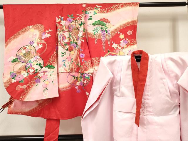 平和屋着物[]七五三 女の子 3歳 祝着 三つ身 長襦袢(袷)セット 鳳凰鼓花蝶文 暈し染め 金彩 逸品 箱付 DABA3562ma