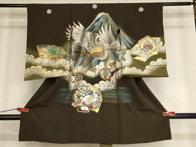 平和屋着物[]お宮参り　男の子　祝着　産着　初着　のしめ　鷹　富士山　暈し染め　金銀彩　正絹　逸品..