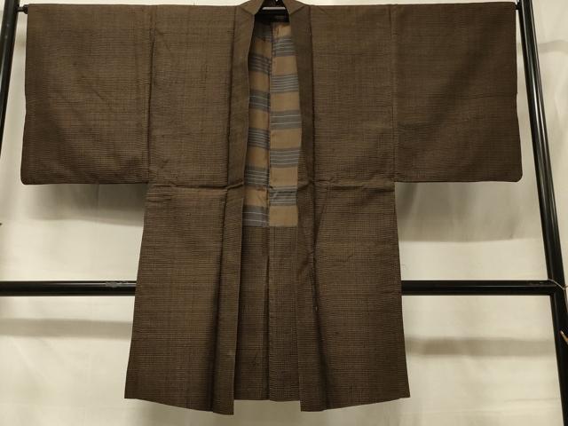 平和屋着物＃男性　長羽織　紬地　格子柄　正絹　逸品　CABD7650in