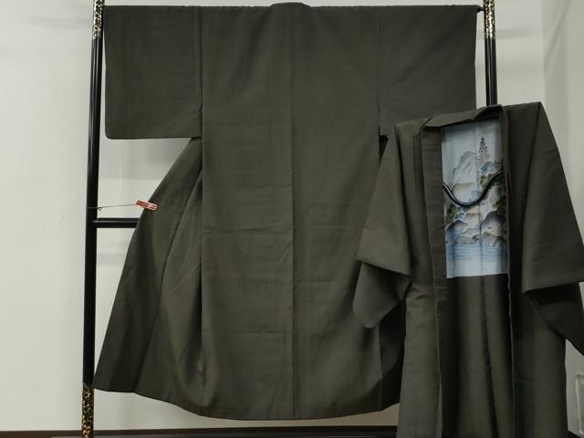 平和屋着物●男性　紬　アンサンブル　色無地　藍海松茶色　正絹　逸品　CABG0102yc