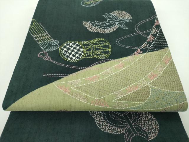 Other - 平和屋着物●袋帯　紬地　刺し子　総刺繍　楽器文　正絹　逸品　DABD1529ps