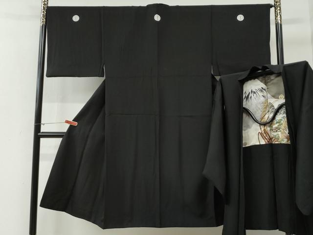 平和屋着物●男性　黒紋付　羽織セット　羽裏：富士・風景文　正絹　逸品　CABG0105yc