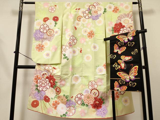 平和屋着物[]七五三　女の子　7歳　祝着　四つ身　袋帯セット　折り鶴　糸車　雪輪牡丹花文　金彩　DABA3584ma