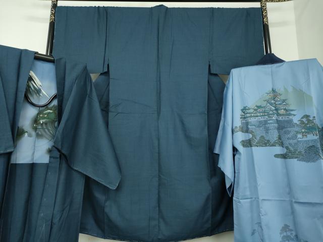 平和屋着物●男性　紬　アンサンブル・長襦袢(無双仕立て)セット　キングサイズ　長羽織　120亀甲　総詰　正絹　逸品　未使用　DABA1523ps
