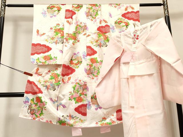 平和屋着物[]七五三　女の子　7歳　祝着　四つ身　長襦袢(無双仕立て)セット　絞り　雪輪御所車花蝶文　金彩　逸品　DABA3589ma