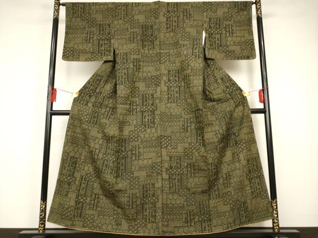 平和屋着物■上質な紬　色紙重ね亀甲笹竹文　正絹　逸品　未使用　AAAR7380br(4)