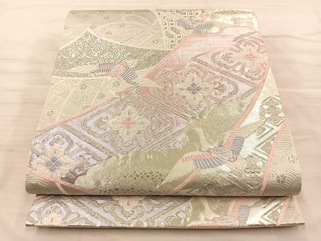 平和屋着物◎六通柄袋帯　唐織　飛鶴花唐草文　九百錦　プラチナ箔　正絹　逸品　BAAQ4243du