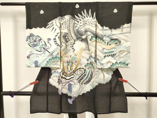 平和屋着物＊夏物　お宮参り　男の子　祝着　産着　初着　のしめ　絽　鷹　鷲　龍　兜　渡橋松文　銀彩　逸品　DAAW2930ma