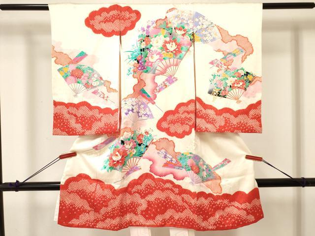 平和屋着物[]お宮参り　女の子　祝着　産着　初着　のしめ　絞り　孔雀扇面花文　金銀彩　逸品　DABA3776ma