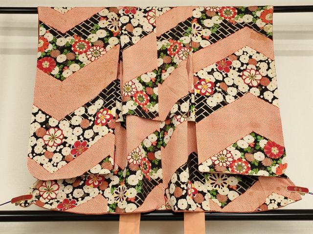 平和屋着物[]アンティーク 大正ロマン 七五三 女の子 3歳 祝着 三つ身 檜垣花文 金彩 逸品 AABE2154ja