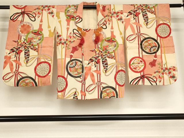 平和屋着物[]アンティーク　大正ロマン　子供　女の子　道行コート　笹竹飛鶴花文　金彩　逸品　AABE2155ja