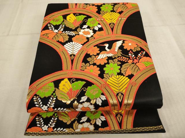 平和屋着物∵子供 全通柄袋帯 青海波 飛鶴花蝶文 黒地 金糸 逸品 AABE2161ja