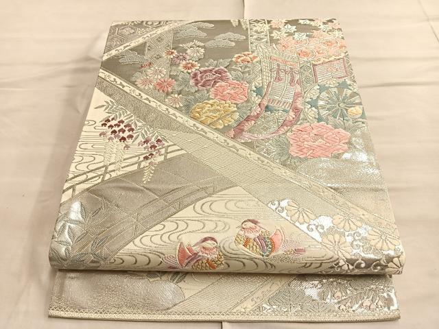 平和屋着物◎六通柄袋帯 唐織 鴛鴦御所車花文 銀糸 正絹 逸品 BAAQ4157du