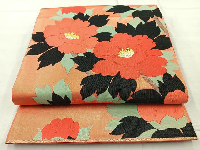 平和屋着物◎六通柄袋帯 唐織 長谷寺乃牡丹 金糸 正絹 逸品 BAAQ9528cm