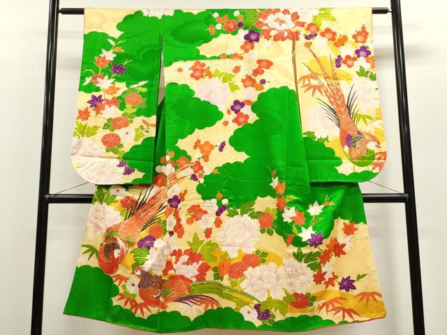樂天商城 - 平和屋着物[]七五三　女の子　7歳　祝着　四つ身　駒刺繍　尾長鳥雲取り草花文　金彩　逸品　CAAZ7093ze