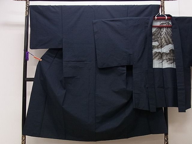 平和屋着物■男性　平繭紬　アンサンブル　濃紺地　証紙付き　逸品　CAAF0743dy