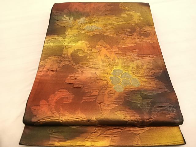 平和屋着物◎六通柄袋帯　ふくれ織　更紗花文　金糸　正絹　逸品　BAAV3029hv