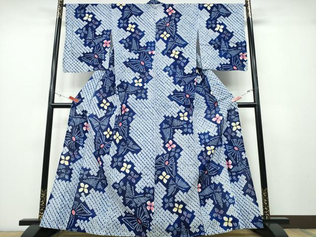 平和屋着物∴夏物　浴衣　有松鳴海絞り　舞蝶花文　綿　逸品　CABB6795ng