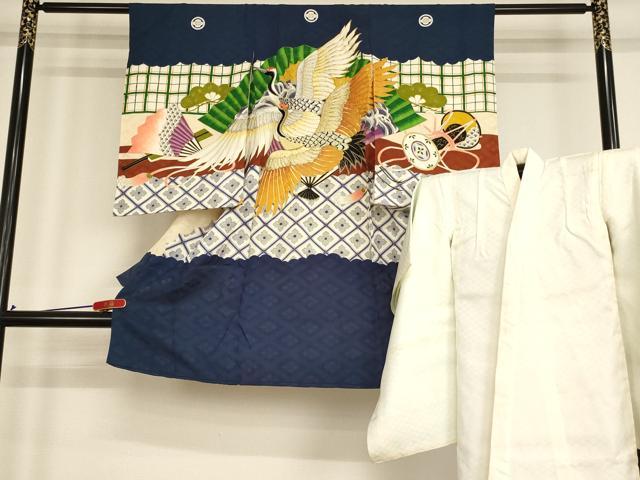 平和屋着物[]七五三　男の子　3歳　一つ身　祝着・長襦袢(袷)セット　駒刺繍　飛鶴文　金銀糸　金彩　逸品　AABF2152ja