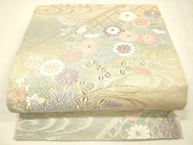 平和屋着物＊夏物 六通柄袋帯 唐織 流水草花文 金糸 正絹 逸品 DABC8328cm