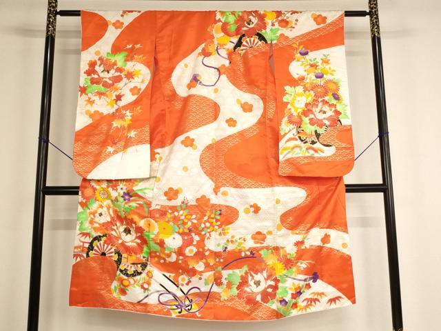 平和屋着物[]七五三　女の子　7歳　祝着　四つ身　駒刺繍　花車文　金彩　AABF2372ja