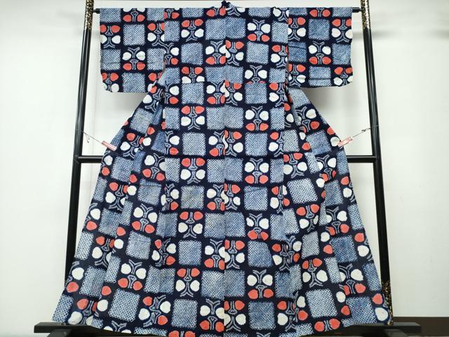 平和屋着物∴夏物　浴衣　有松鳴海絞り　市松舞蝶文　綿　逸品　CABA0800ng